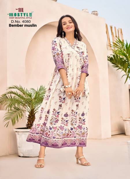 Mostyle 4080 Bember Muslin Printed Long Designer Kurtis Wholesale Clothing Suppliers In India
